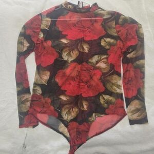 Sheer Red Rose Print Long-Sleeve Bodysuit